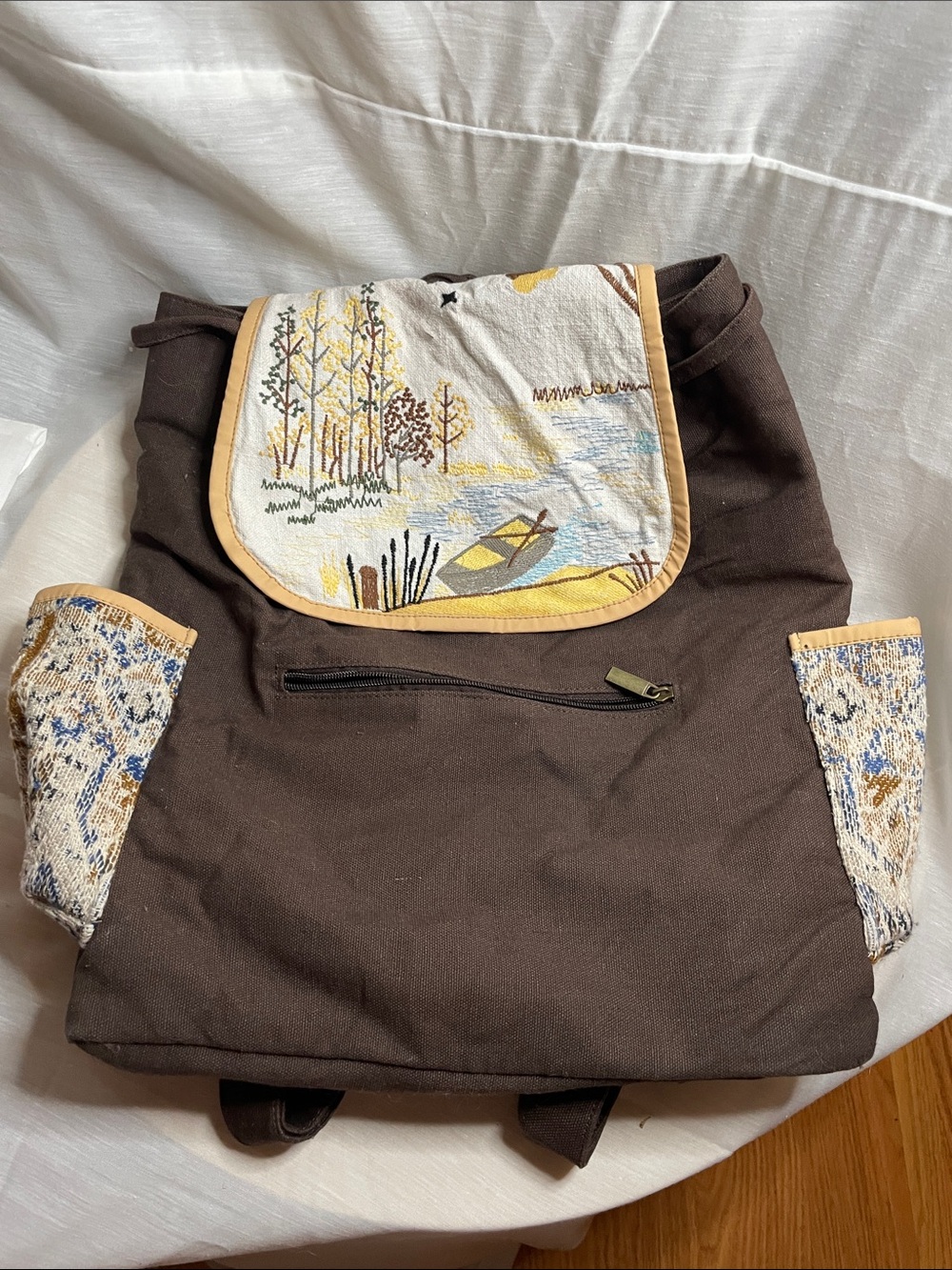 Brown Canvas Backpack with Scenic Print Flap